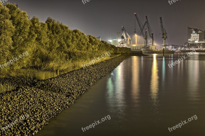 Port Hamburg Elbe Harbour Cranes Evening