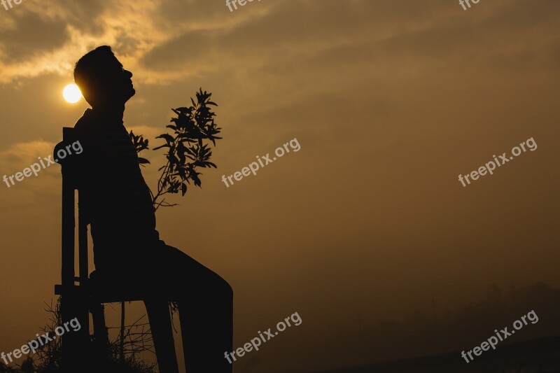 Sunrise Morning Foggy Morning Alone Boy Sitting Alone