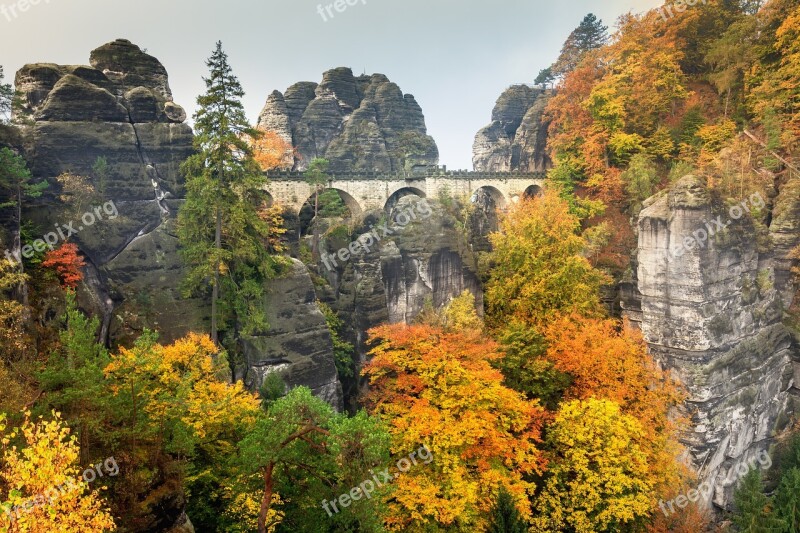 Bastei Autumn Elbe Sandstone Mountains Landscape Saxon Switzerland