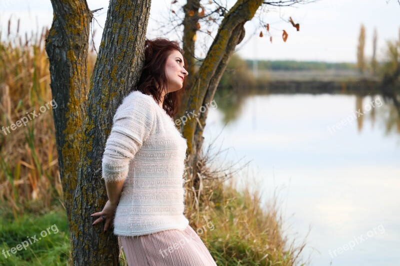 Lake Nature Autumn Girl Woman