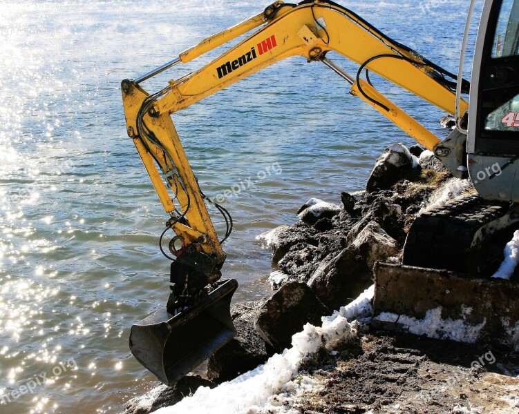 Excavator Yellow Lake Beach Snow