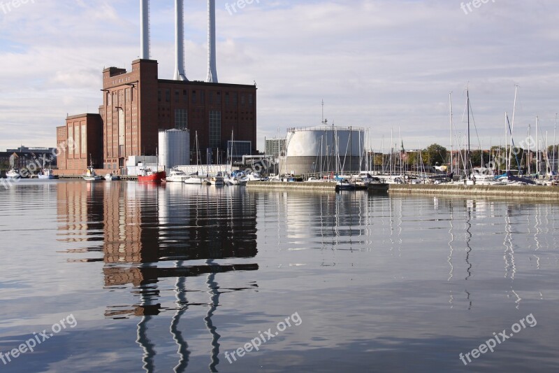 Power Plant Chimneys Reflections Port Sea