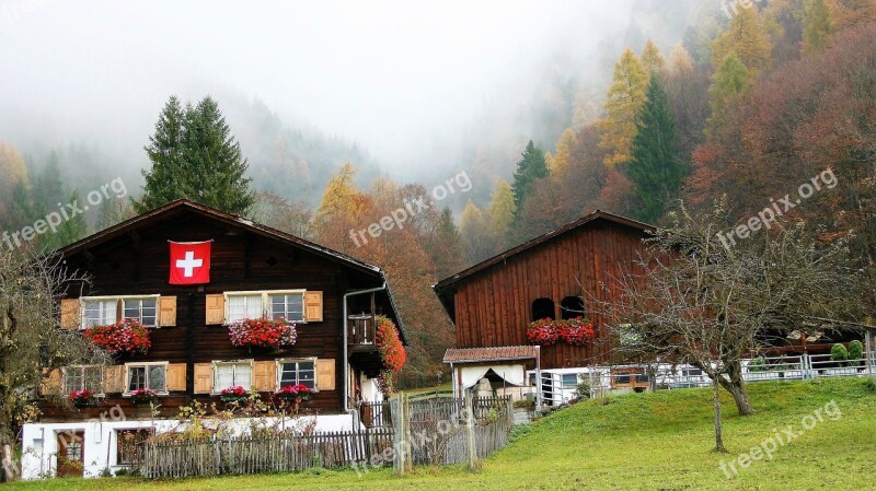 Hut Wooden Alpine Village Autumn Flag