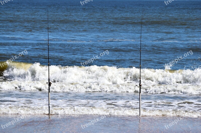 Surf Fishing Poles Ocean Beach Waves