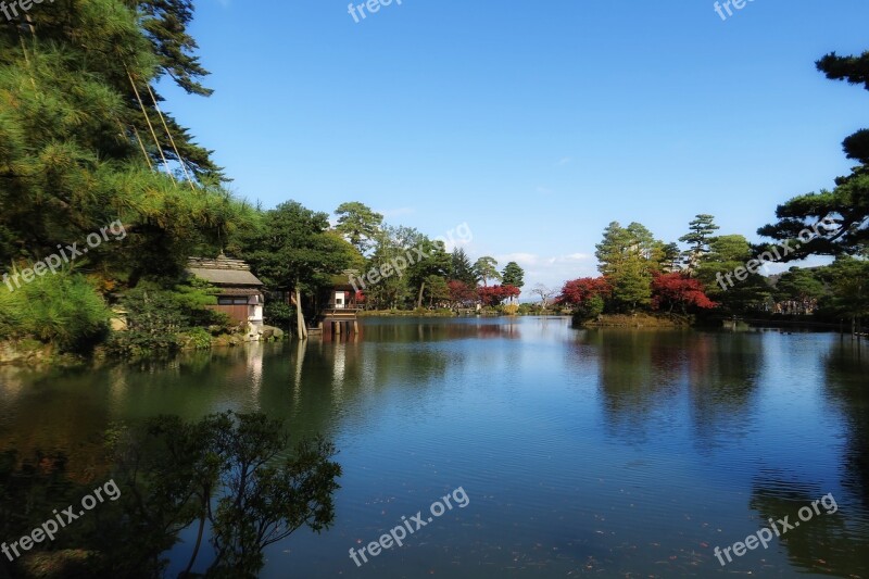 Japan Kenrokuen Park Lake Landscape Water