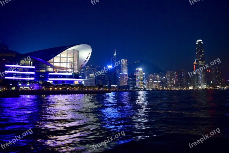 Hong Kong Night Skyline Skyscraper Long Shutter