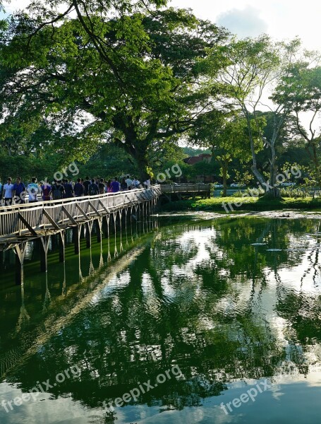 Lake Bridge Wooden Reflection Yangon