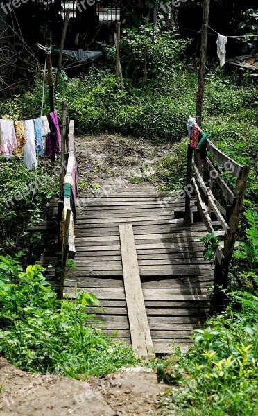 Village Bridge Wooden Myanmar Burma