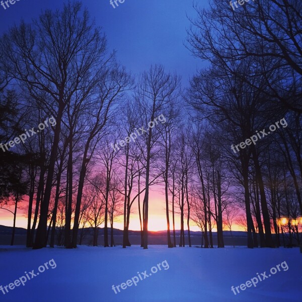 Sunset Winter Blue Snow Nature