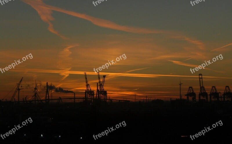 Industry Hamburg Abendstimmung Port Harbour Cranes