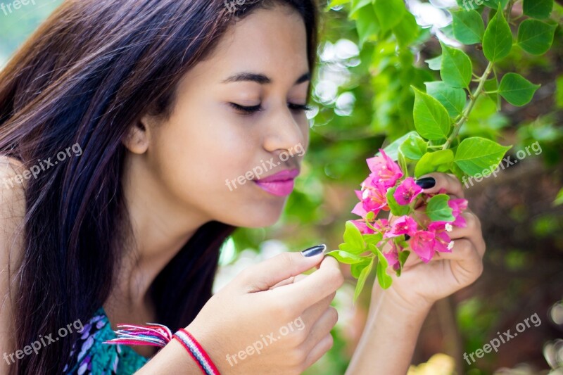 Woman Girl Smelling Flower Flower Flowers