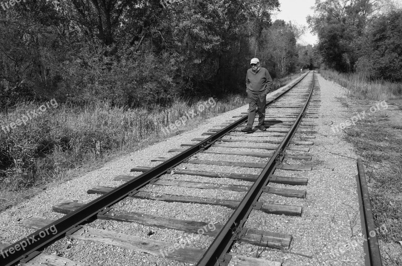 Man Walking Railroad Tracks Lonely