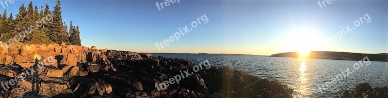 Sunset Rocks Trees Water Sea