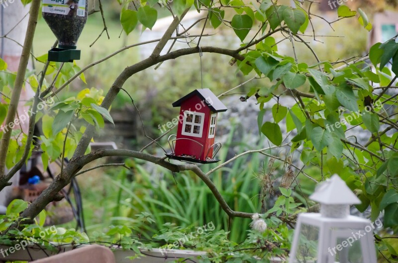 The Bird Feeder Feeding The Birds Garden Miniature House Red House