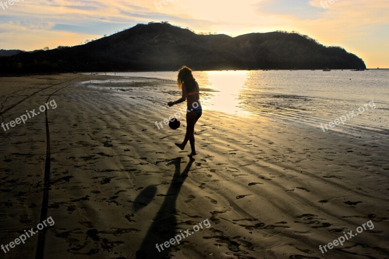 Girl Soccer Sunset Beach Ocean