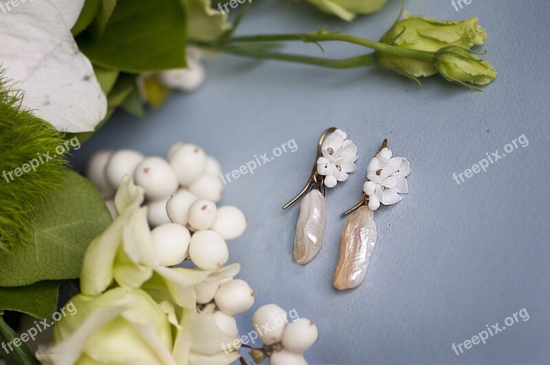 Earrings Pearl Spring Flowers Greens