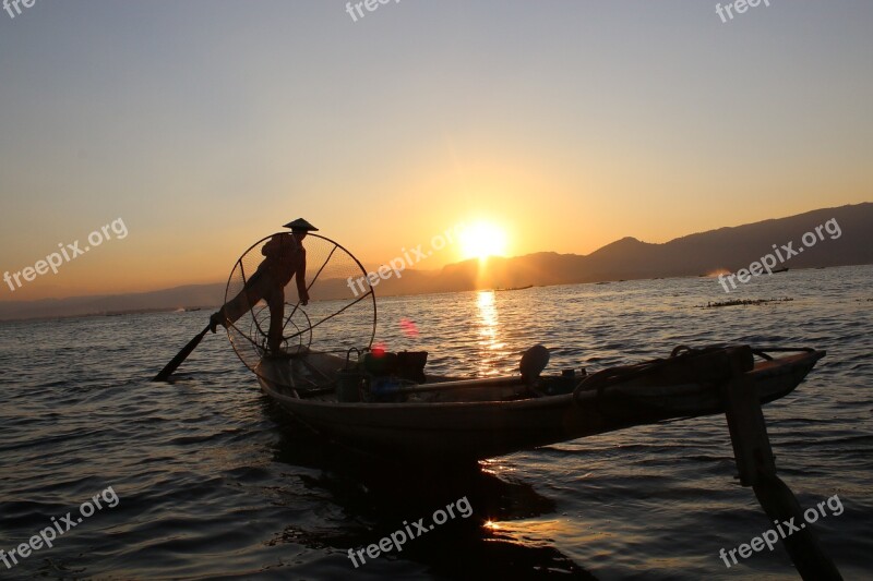 Fisherman Man Boat Myanmar People