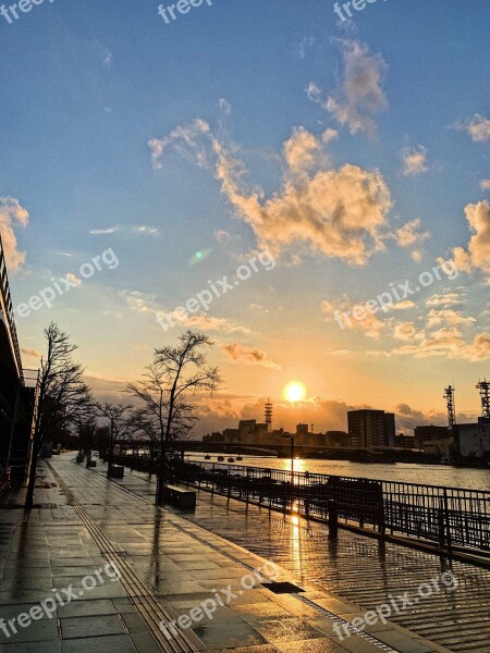 Sunset River Port At Dusk Water