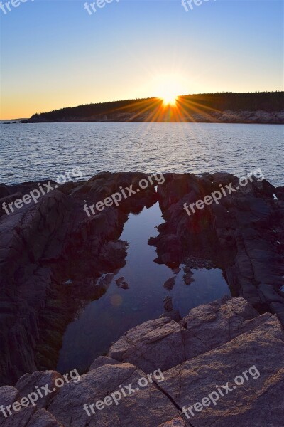 Sunset Rocks Water Pine Trees Maine