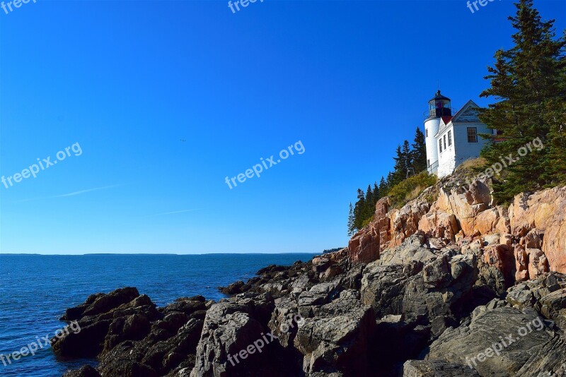 Lighthouse Rocks Trees Shoreline Ocean