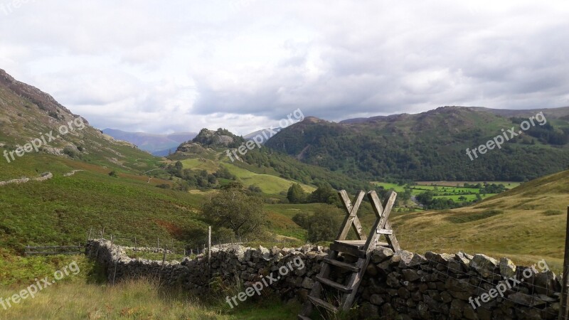 Lake District Country Scene Stone Wall Mountains English Countryside