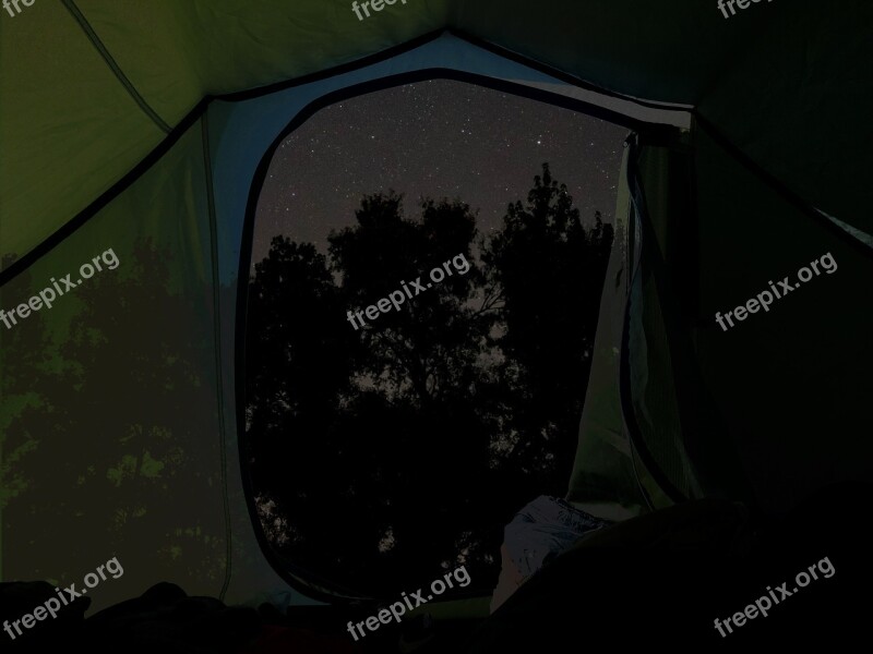 Open Tent Stars Night Tree Silhouettes Darkness