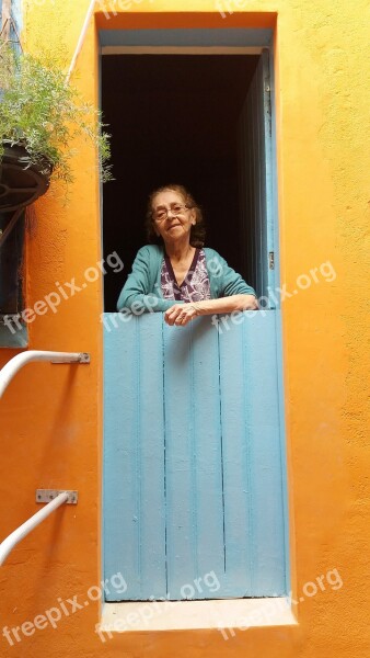 Old Lady Window Window Door Tranquility Yellow House