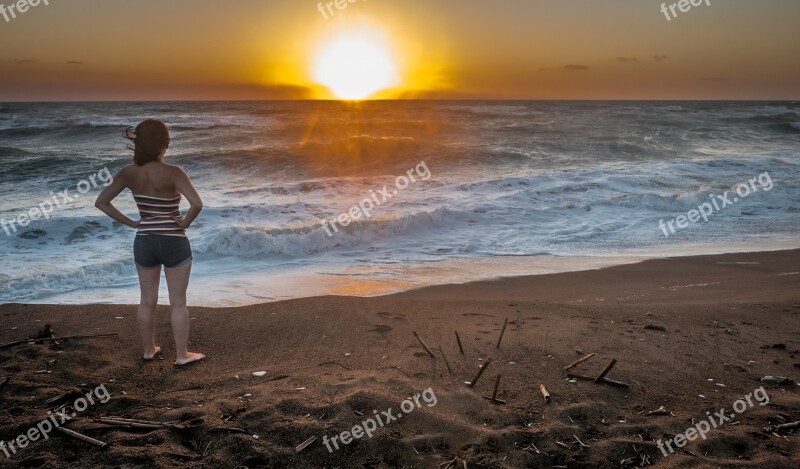 Sandy Beach Sunset Romantic Woman Sea