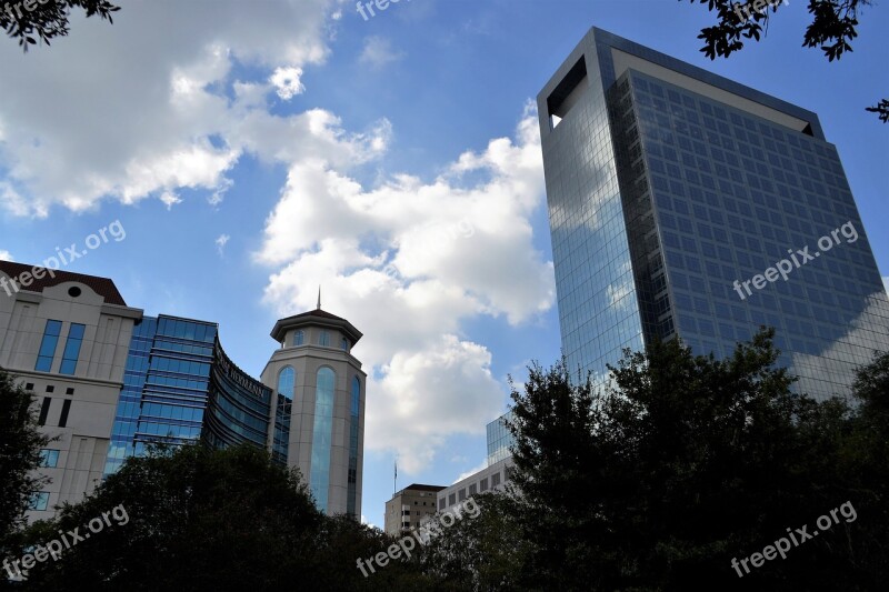 Business District Houston Texas High Rise Clouds Trees