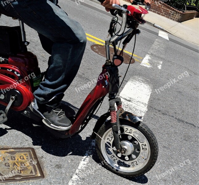 Red Scooter Jeans Sneakers Street Traffic