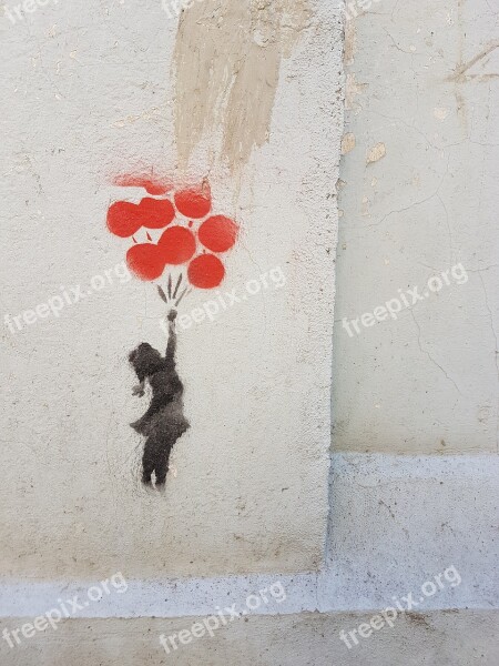 Graffiti Street Art Girl Balloons Flying