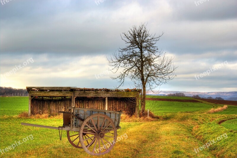 Cart Wood Car Scale Meadow Clouds