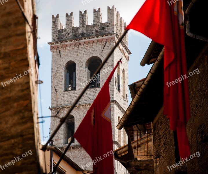 Assisi Umbria Torre Flags Old Village