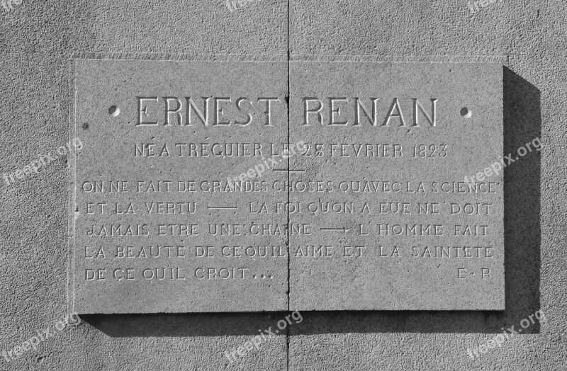 Plate Stone Mémoration Ernest Renan French Philosopher Historian Writer