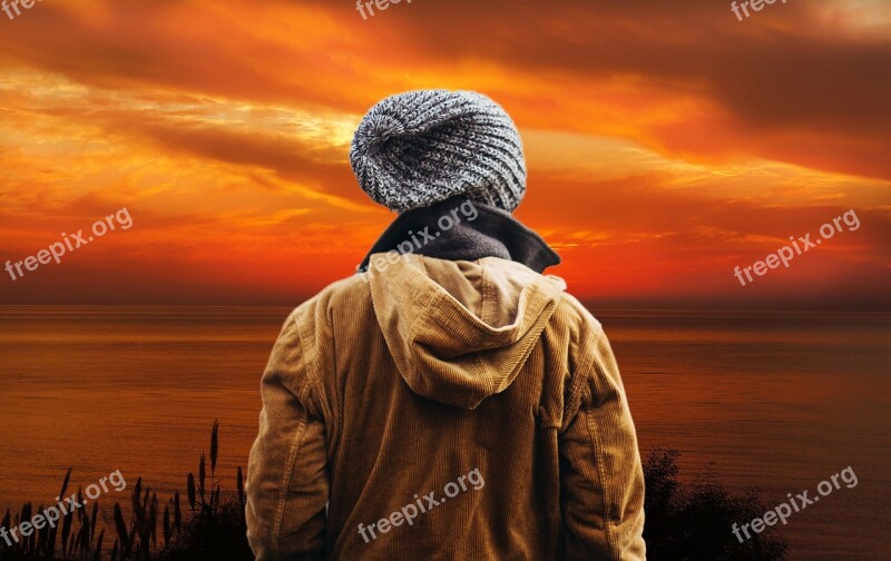 Sunset View Man Watching Landscape