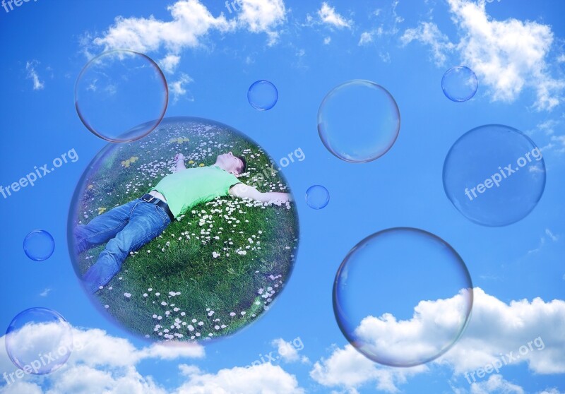 Soap Bubbles Man Clouded Sky Person Meadow