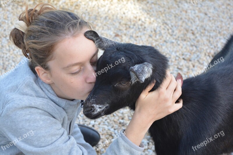 Kiss Girl Young Woman Goat Tenderness