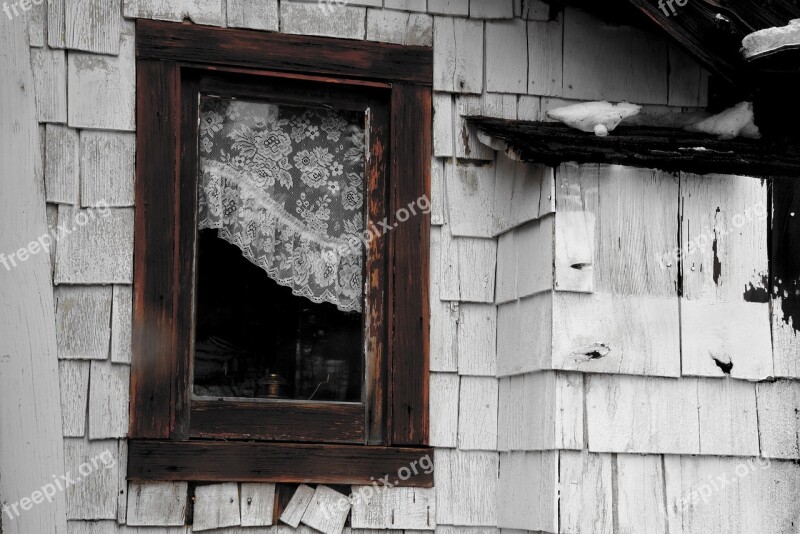 Wooden Window Building Old Wood Lace Curtain