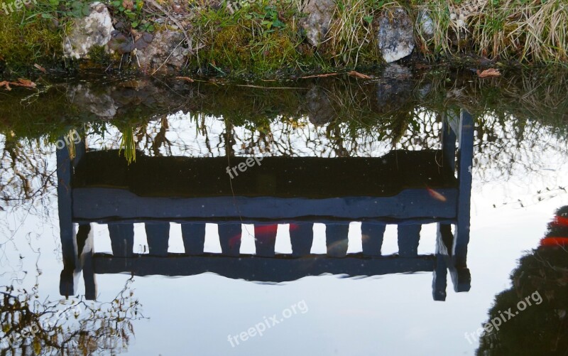 Mirroring Water Reflection Garden Pond Bench Fish