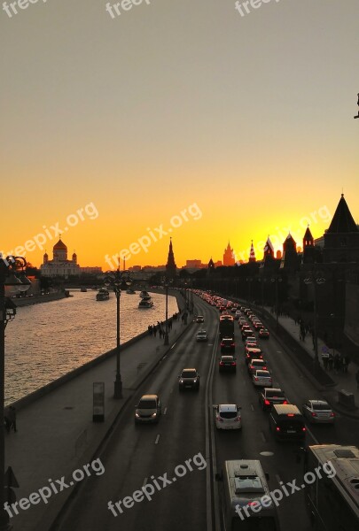 Sunset Moscow The Kremlin River Temple