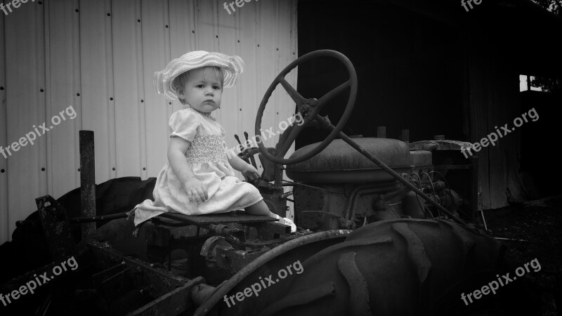 Girl Small Young Tractor Black And White