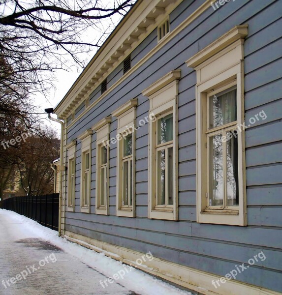 Old Wooden Building Blue Pavement