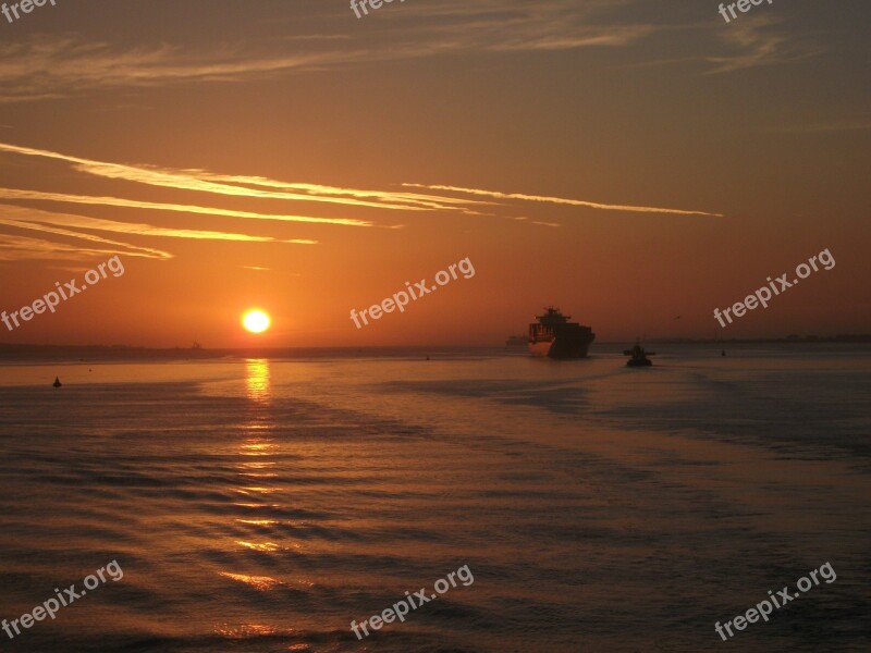 Sunrise Over Water Ships Seascape Solent Ferry