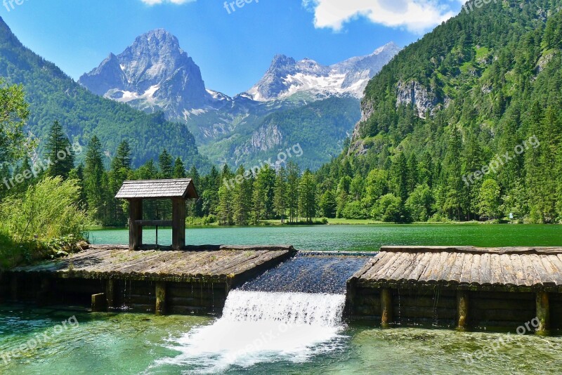 Nature Landscape Mountains Pond Wooden Weir