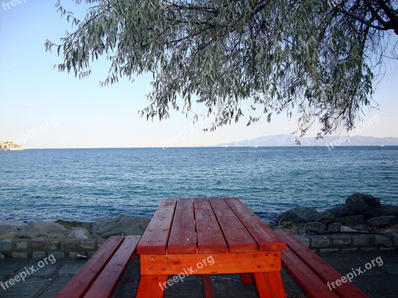 Europe Greece Kavala Bench Sea