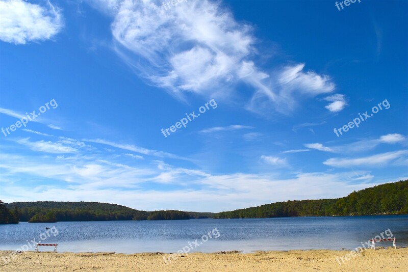 Lake Park Bench Landscape Clouds