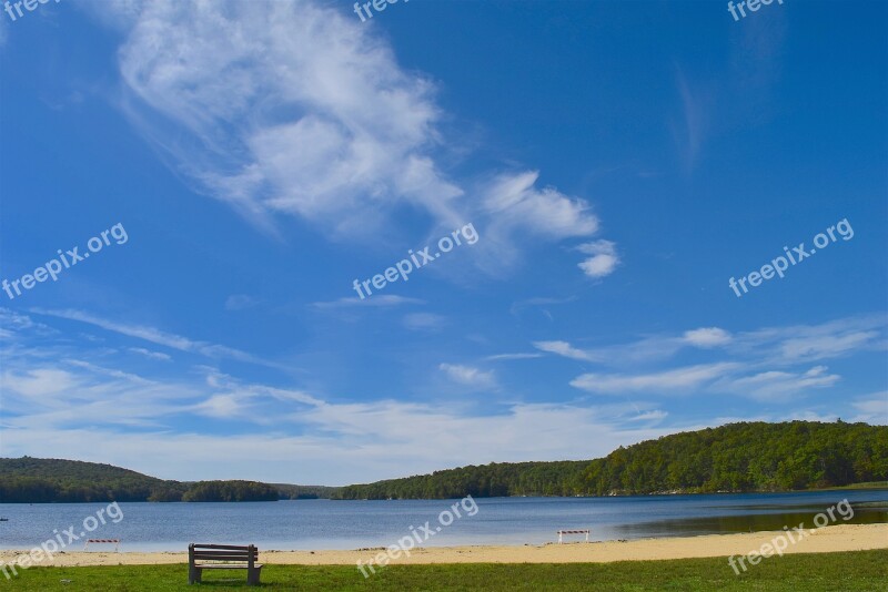 Lake Park Bench Landscape Clouds