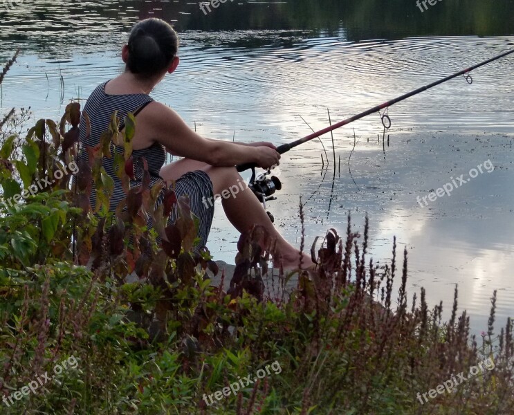 Woman Fishing Lake Reflection Rod