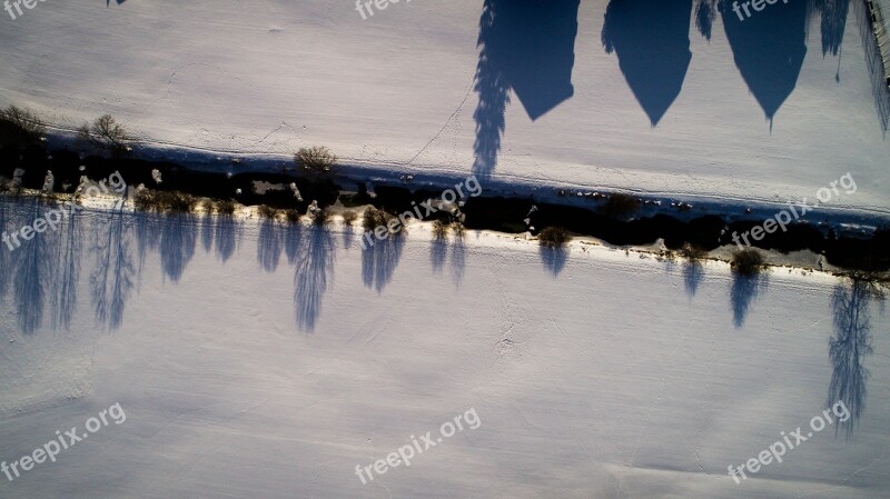 Snow Drone River Trees Nature