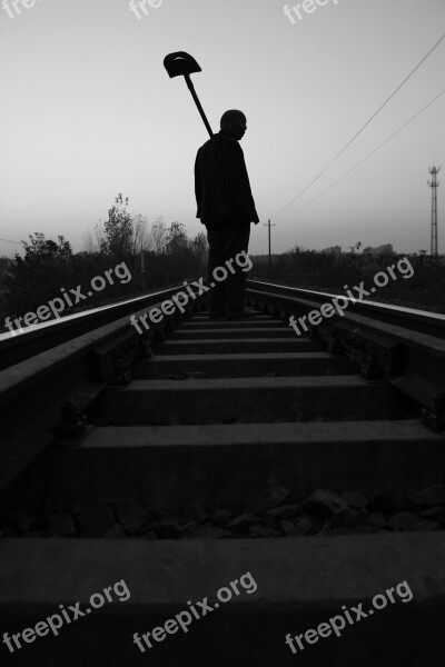 Silhouette The Train Tracks Farmer Labor Artistic Conception